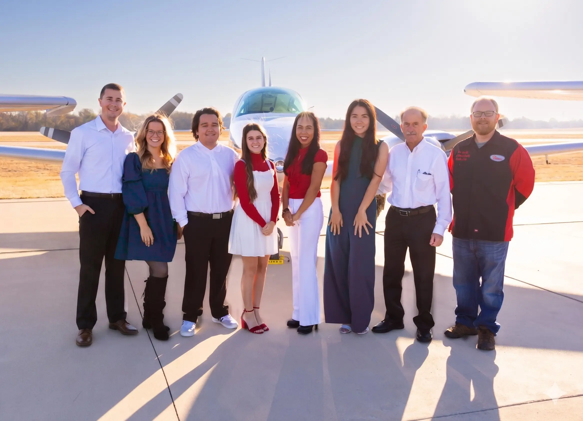 Alto Flight Academy team in front of multi engine airplane at Sundance Airport KHSD